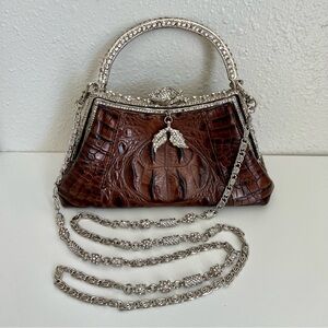 -SOLD- Besso Brown Embossed Croc Leather Rhinestone Designer Purse Shoulder Bag